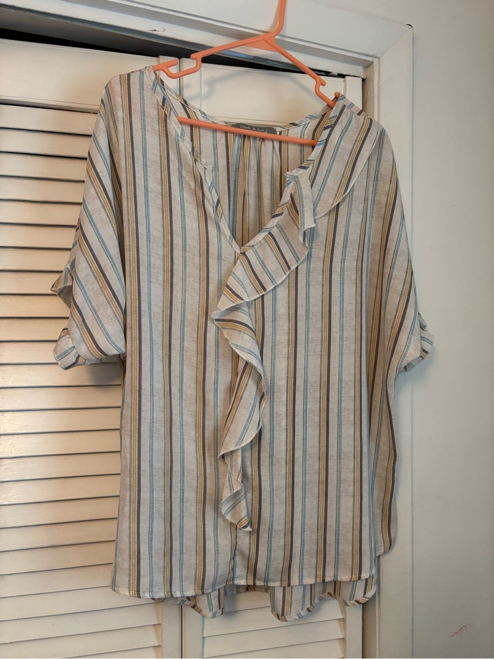 Striped Ruffle V-Neck Blouse — Blue, Tan, Cream
